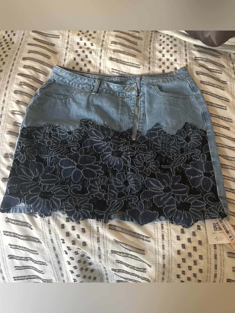 Denim Skirt with Blue Floral Lace Overlay